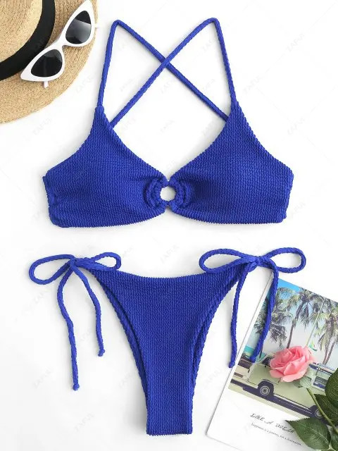 ZAFUL Crinkle O Ring Criss Criss Tie Side Bikini Swimwear | ZAFUL (Global)