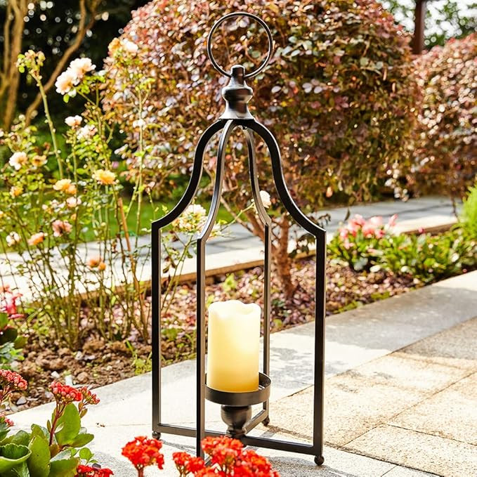 Glitzhome 22" H Modern Farmhouse Black Metal Lantern Decorative Hanging Candle Lanterns (Large) | Amazon (US)