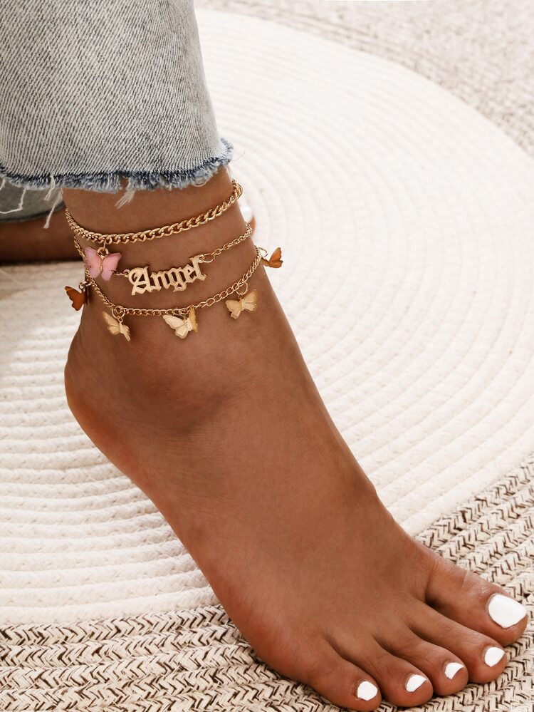 3pcs Butterfly Charm Chain Anklet | SHEIN