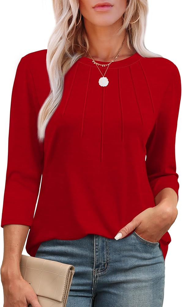 XIEERDUO 3/4 Length Sleeve Womens Tops Round Neck Casual Tunic Tops Basic Pleated Shirts Loose Fi... | Amazon (US)