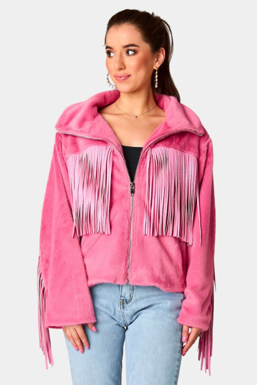 BuddyLove | Skylar Fringe Faux Fur Jacket | Hot Pink | BuddyLove