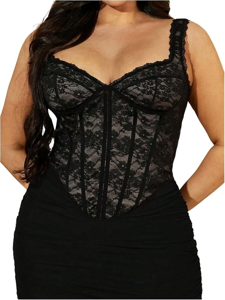 Floerns Women's Plus Size Floral Lace Corset Tops Sleeveless Date Night Camisole | Amazon (US)