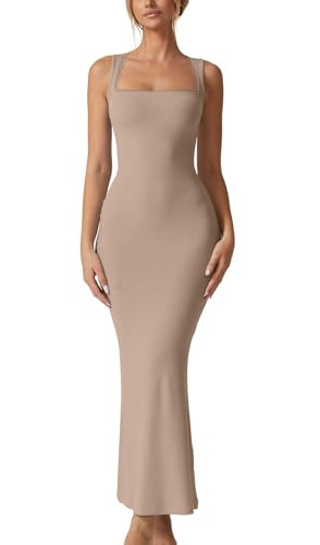 QINSEN Women's Square Neck with Lace Detail Long Maxi Dress Sleeveless Lounge Ribbed Full Length Dresses Khaki M | Amazon (US)