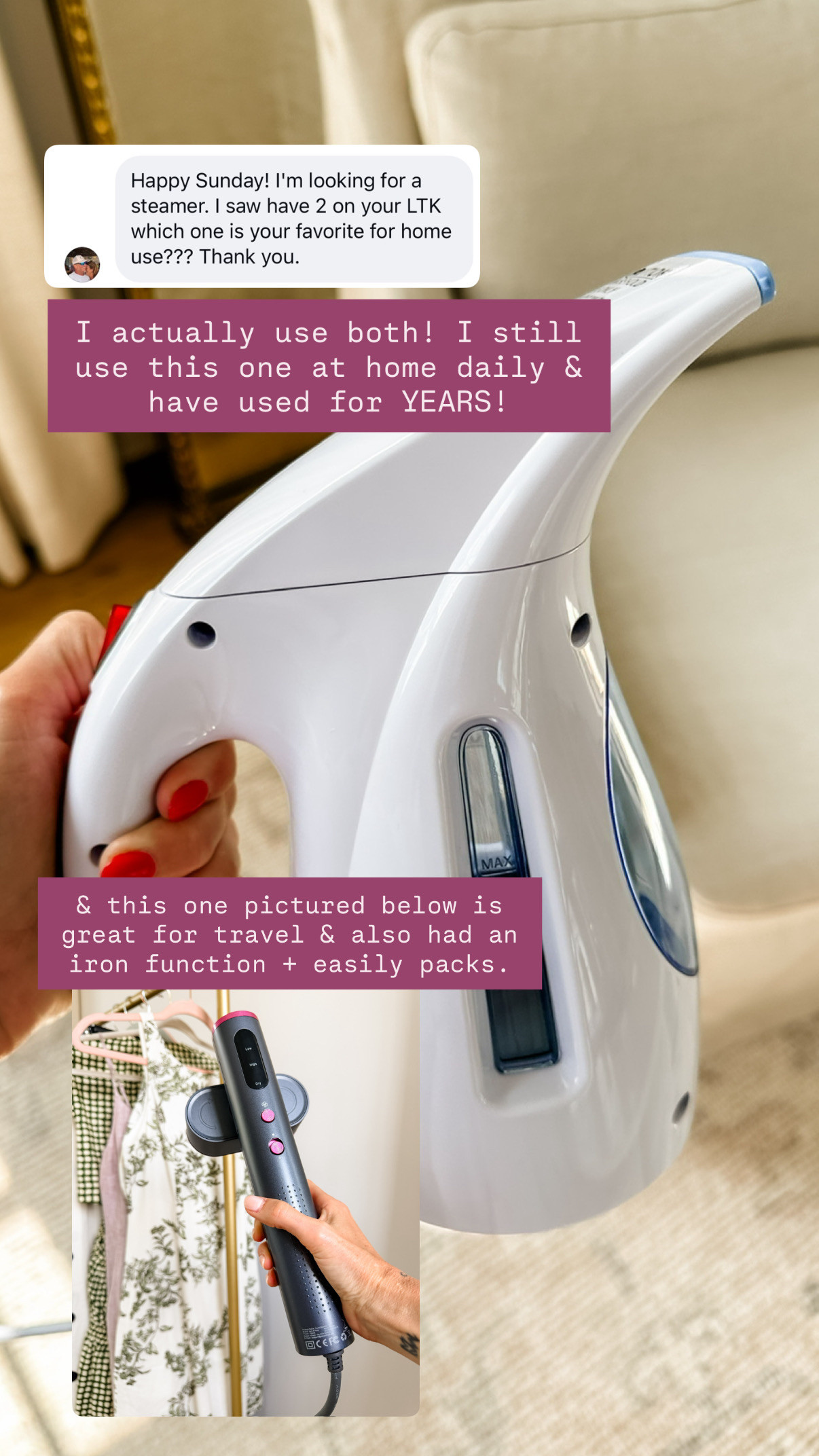 My two favorite steamers! I've been using the white one for several years, and I just got the grey one to try last fall! I honestly really love both!

Loverly Grey, steamer, laundry, home finds, travel finds 

 #LTKTravel
