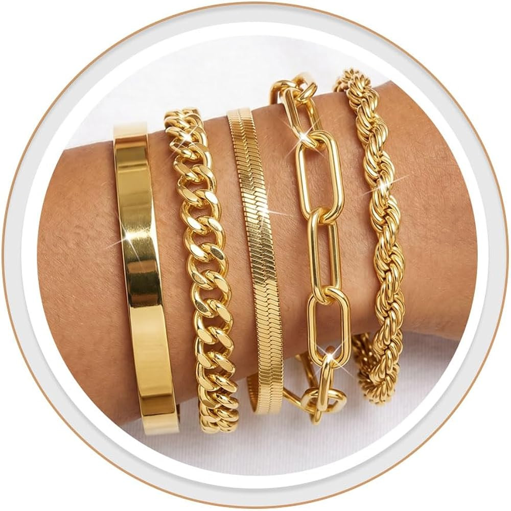 PLOMFOV Gold Bracelets for Women Stack Non Tarnish 14K Gold Plated Chunky Gold Bangles Bracelet S... | Amazon (US)