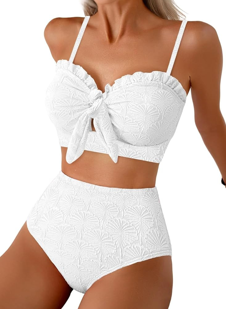 Herseas Women's Seashell Textured Bikini Sets Knotted Front 2 Piece Swimsuits Ruffle Trim Bathing... | Amazon (US)