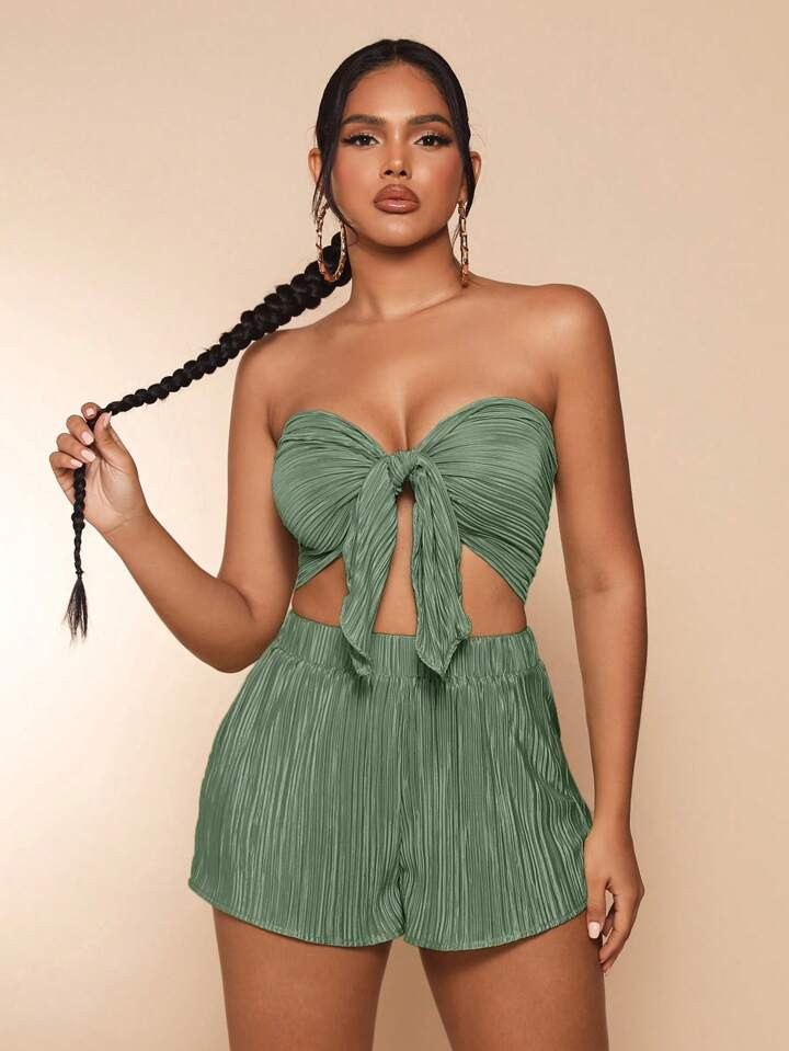 SHEIN SXY Tie Front Tube Top & Shorts | SHEIN