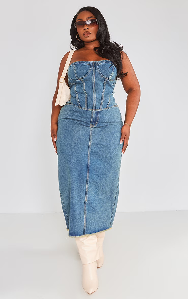 Plus Vintage Wash Frayed Hem Denim Maxi Skirt | PrettyLittleThing UK