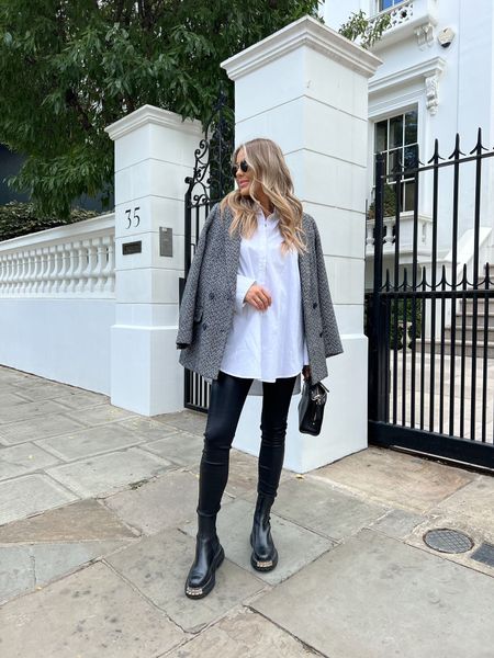 Smart causal autumn transitional outfit. White shirt, black and white oversized blazer, rayban sunnies, black Chloe handbag, faux leather leggings & chunky black boots  

#LTKshoecrush #LTKstyletip #LTKSeasonal