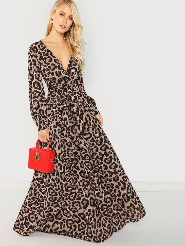 Plunging Self Tie Leopard Surplice Dress | SHEIN