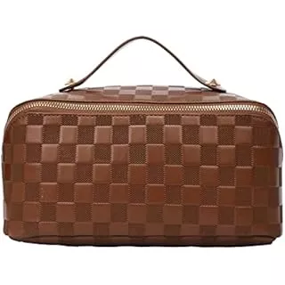 ALEXTINA Large Capacity Travel Cosmetic Bag - Portable Makeup Bags for  Women Travel Toiletry Bag Waterproof Leather Checkered Makeup Organizer  Bag