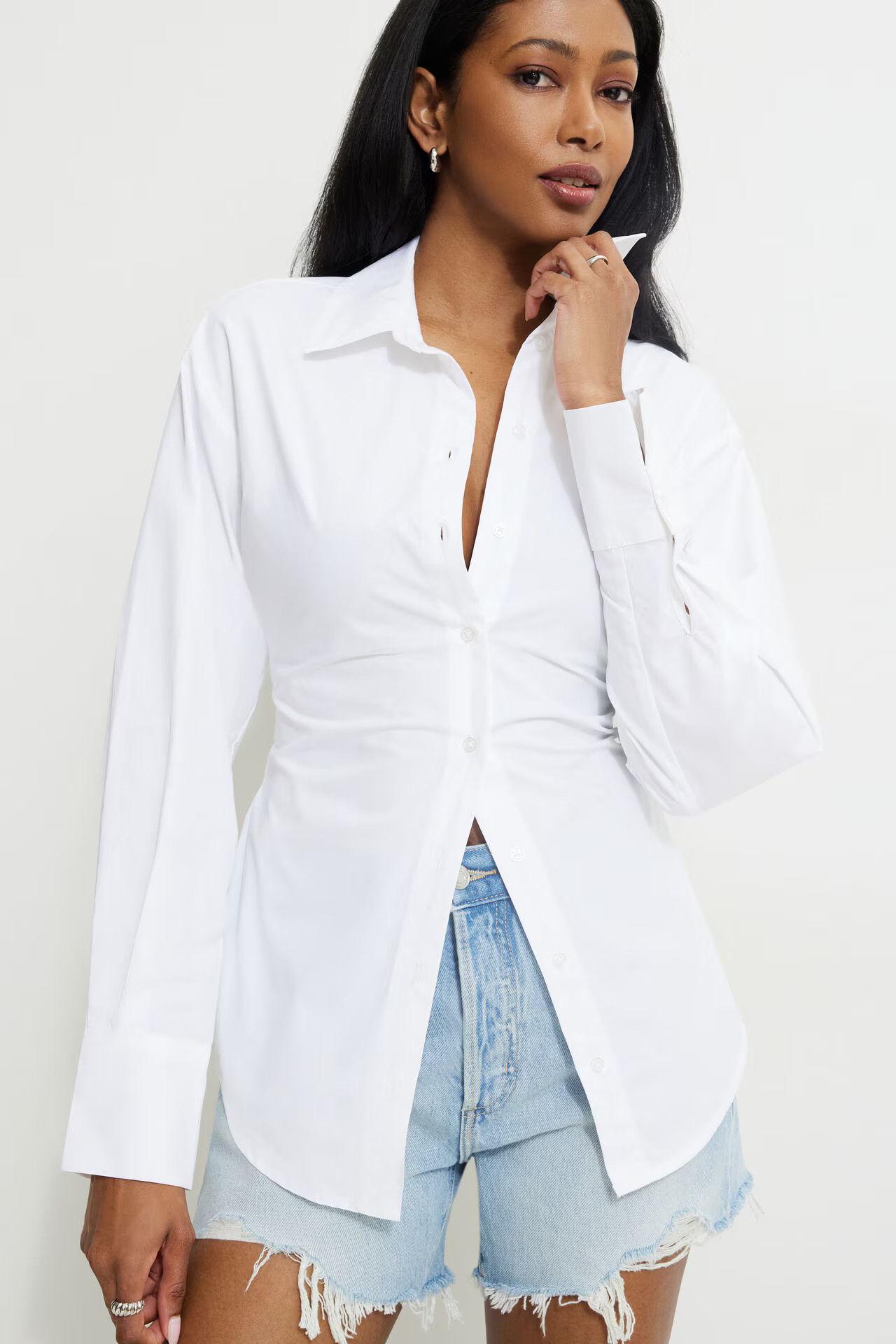 Cinched Waist Poplin Shirt | Dynamite Clothing