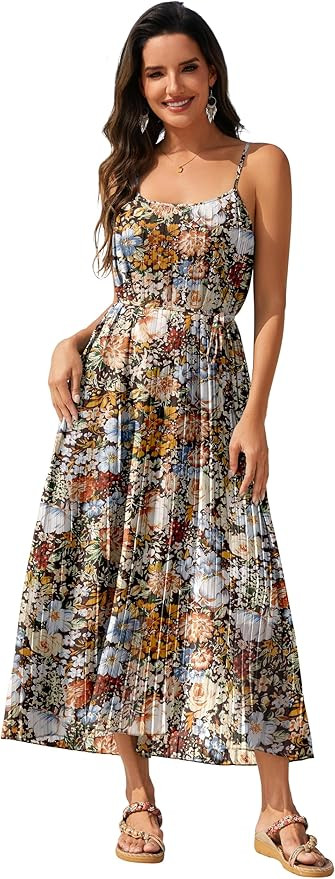 CYiNu Women's Pleated Dress Chiffon Adjustable Spaghetti Strap Floral Long Dress | Amazon (US)