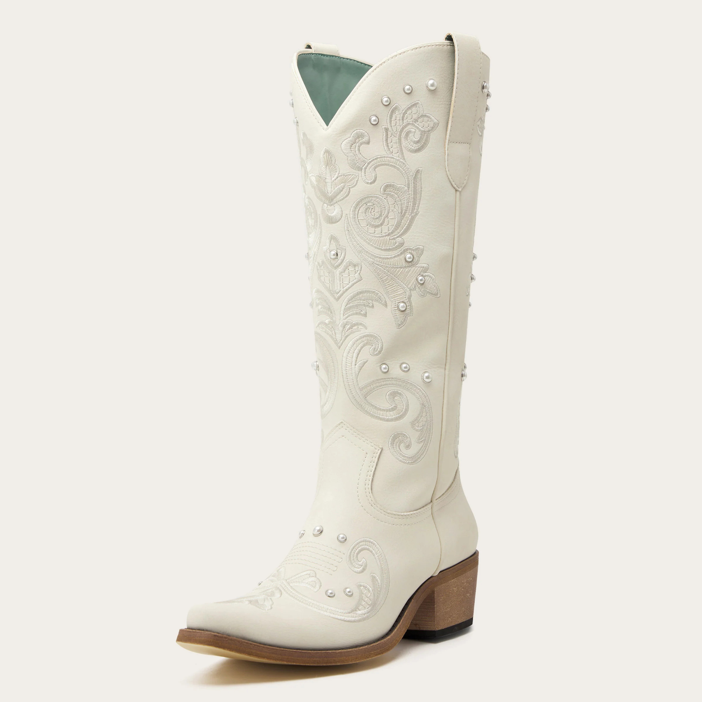 Missie - Embroidered Ivory Cowgirl Boots with Pearls and Swirls | REDTOP