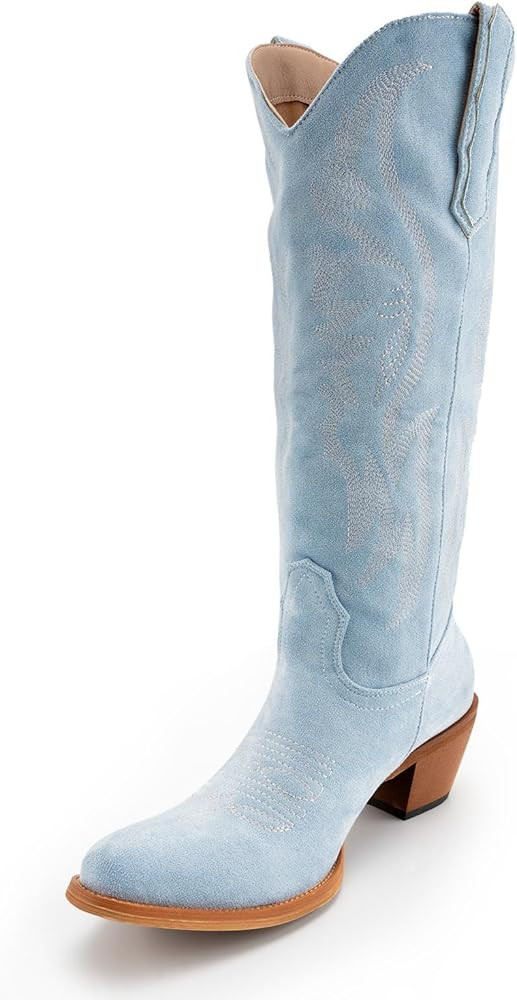 KaroNairy Women Cowboy Boots Faux Suede Embroidered Pointed Thick Heeled Western Wide Calf Cowgir... | Amazon (US)