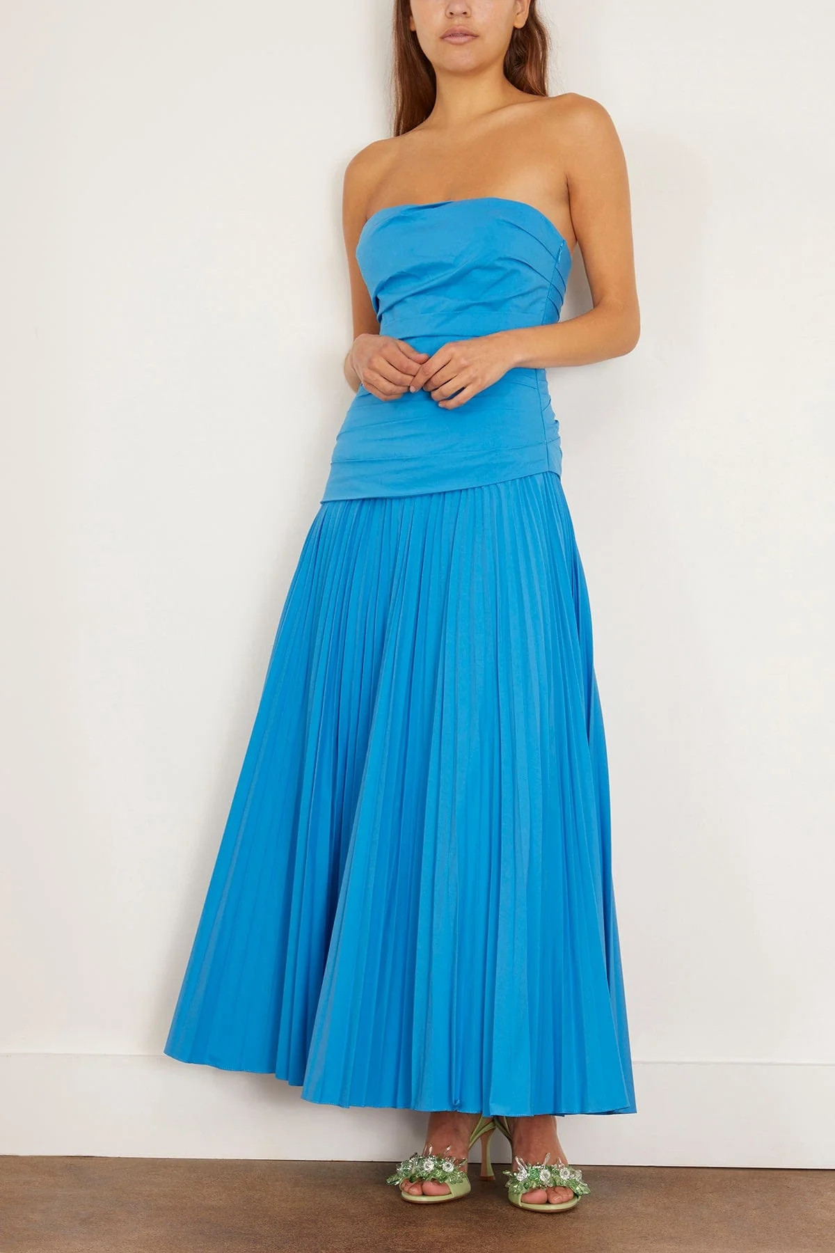 Arie Strapless Bustier Midi Dress in Oasis Blue | Hampden Clothing