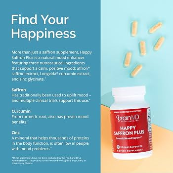 BRAINMD Dr Amen Happy Saffron Plus - 90 Capsules - with Saffron Flower Extract, Curcumin & Zinc -... | Amazon (US)