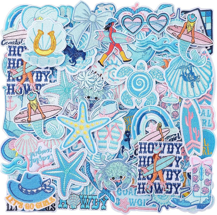 Zeyune 72 Pcs Coastal Cowgirl Iron on Patches Bulk Summer Ocean Embroidered Iron on Hat Patch Blu... | Amazon (US)