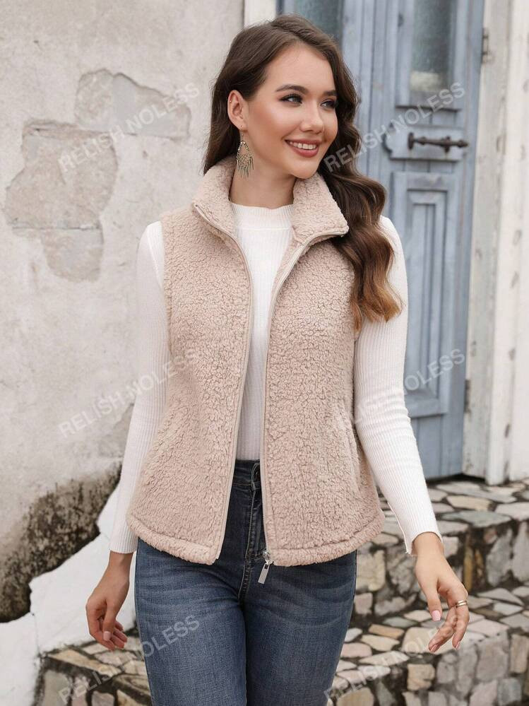 RELISH NOLESS Zip Up Teddy Vest Jacket | SHEIN