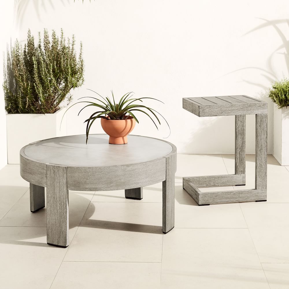 Portside Outdoor Round Concrete Coffee Table &amp; C-Shaped Side Table Set - Weathered Gray | West Elm (US)