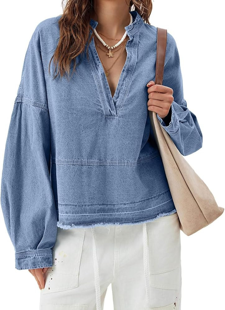 loveimgs Women Oversized Denim Shirt Sweatshirt V Neck Long Sleeve Y2k Jean Shacket Denim Blouse ... | Amazon (US)