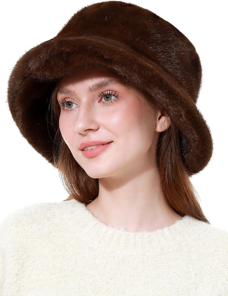 Women's Faux Fur Bucket Hat Winter Short Plush Warm Ladies Fisherman Cap | Amazon (US)