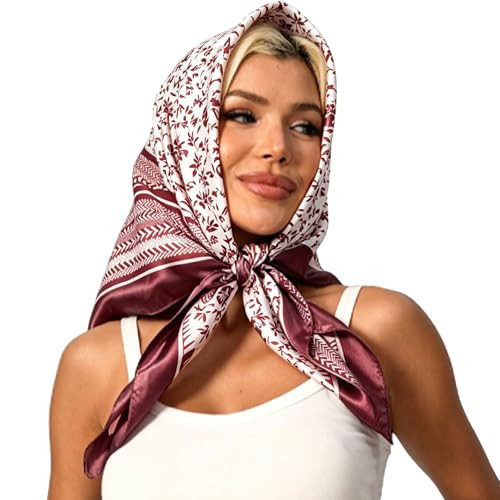 VJHX Geometric Symmetry Flower Satin Head Scarf for Women Like Silk Scarf for Hair Wrapping Bandanas Square Shawl Wraps 35 Inches (MF250 burgundy) | Amazon (US)