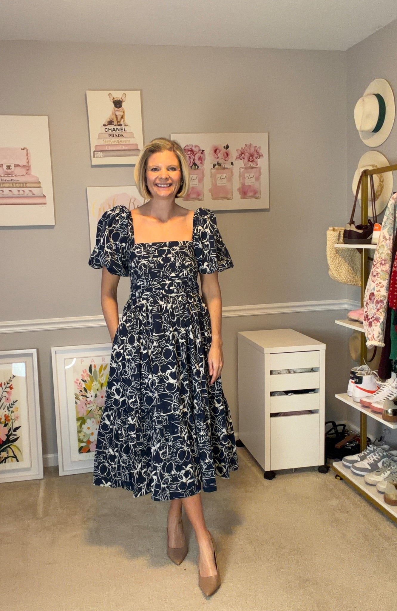 Navy and white midi dresss with pockets TTS (M)
Nude 2.75 inch heels with padding TTS

#LTKOver40 #LTKWorkwear #LTKootd