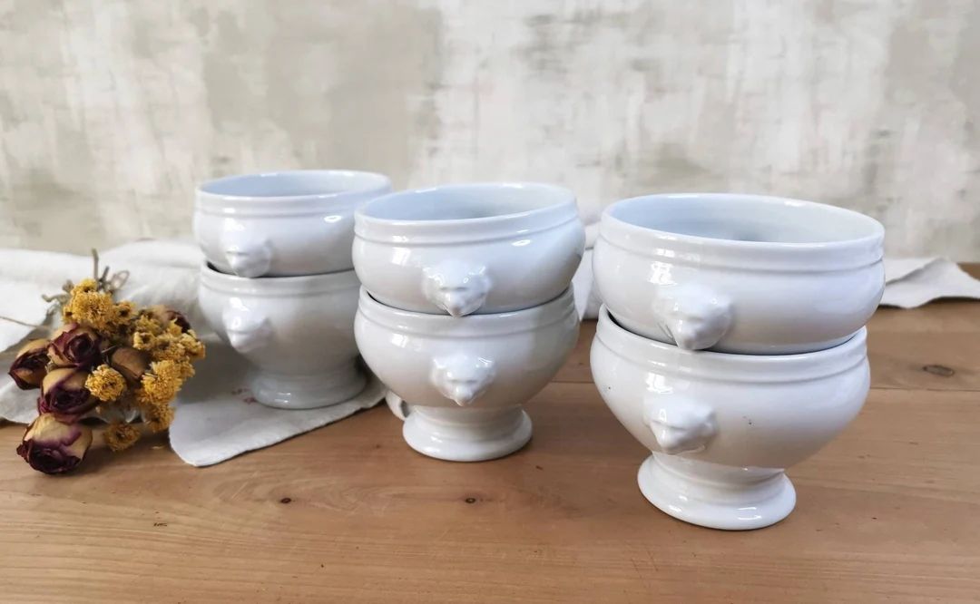 6 Antique French Soup Bowls with Lion Head Handles, White Ironstone Bowls | Etsy (US)