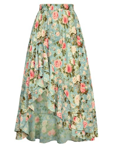 Amazon.com: Women's Floral Maxi Skirts High Waist Summer Boho Flowy Ruffle Long Skirt with Pocket... | Amazon (US)