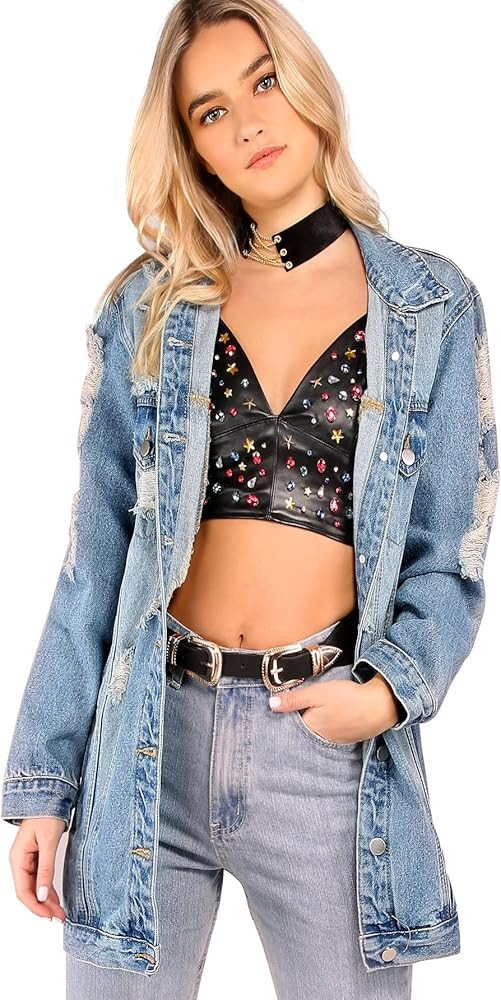 Women's Oversized Denim Jacket Long Boyfriend Distresse Jean Jacket | Amazon (US)