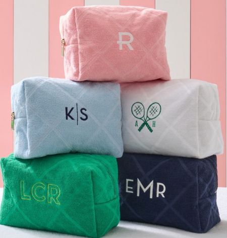 Mark and Graham TERRY COSMETIC POUCH. Colorful, durable and vacation-ready, this generously sized terry cloth travel pouch has a top zipper, wipeable striped interior and a playful jacquard diamond print. Pair with the coordinating tote for your next pool, spa or beach adventure. An embroidered monogram adds a personal touch.

#LTKbeauty #LTKstyletip #LTKitbag