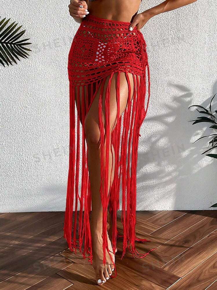 SHEIN Swim 2pcs/Set Women Hollow Out Woven Tassel Trim Cover-Up & Skirt | SHEIN