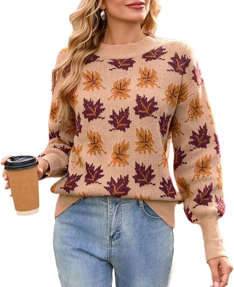 Chvity Women's Fall Leaf Trendy Jacquard Sweater Casual Knitted Soft Cozy Pullover Sweaters | Amazon (US)