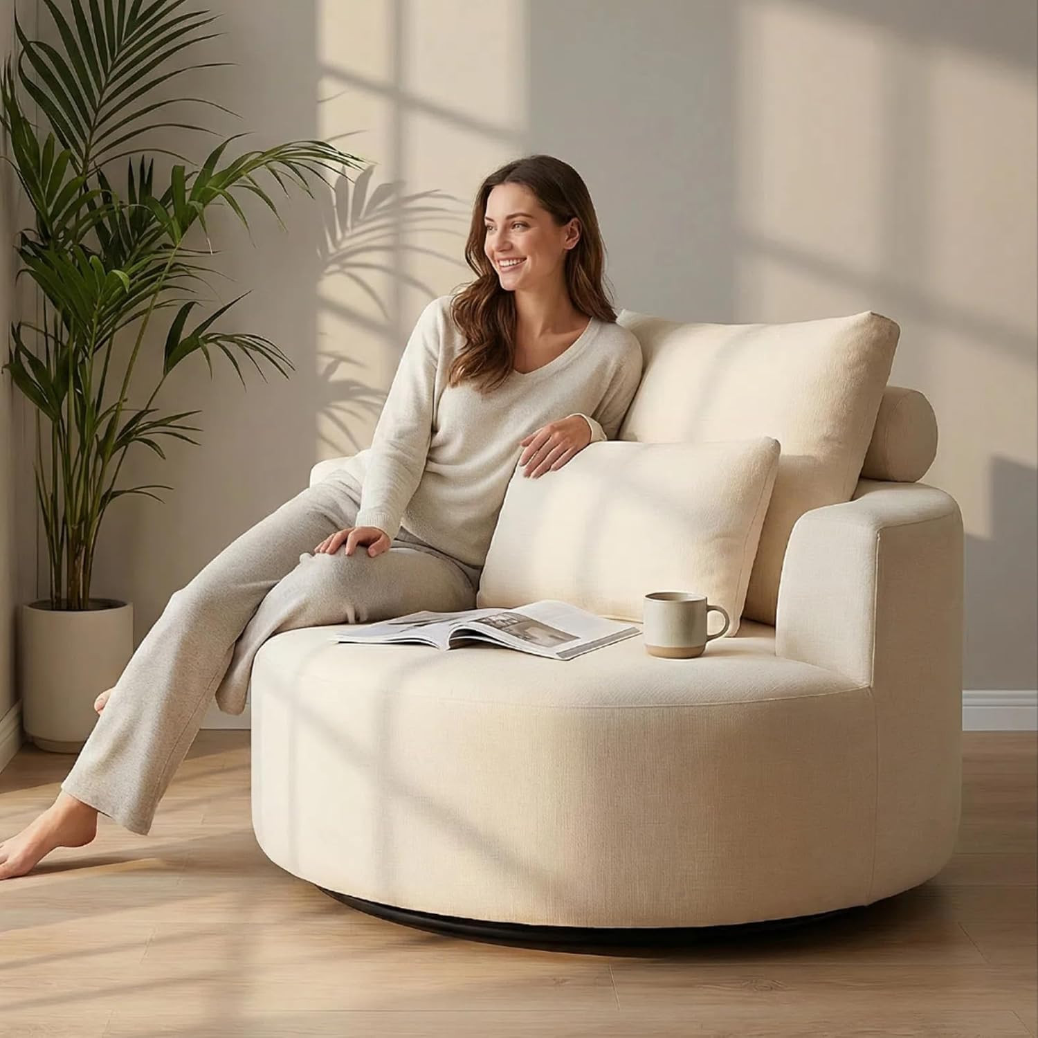 Furnimart Oversized Swivel Accent Chair, Round Barrel Chair for Lounging, Extra-Wide Low-Profile Seat for Sink-in Comfort, Luxury Chenille, Cozy Lounge Chair for Living Room, Bedroom(Beige) | Amazon (US)