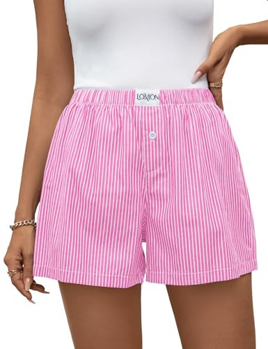 LOMON Womens Boxer Shorts Casual Summer 2026 Pajama Lounge Sleep Pj Pinstriped Shorts Y2K Striped Beach Bottoms (Pink White Pinstripe L) | Amazon (US)