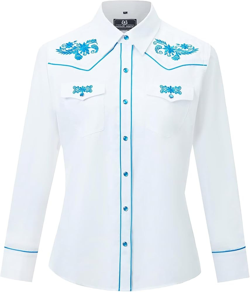SALVAJE OESTE Women's Embroidered Western Cowboy Snap Front Long Sleeve Button Down Shirt | Amazon (US)