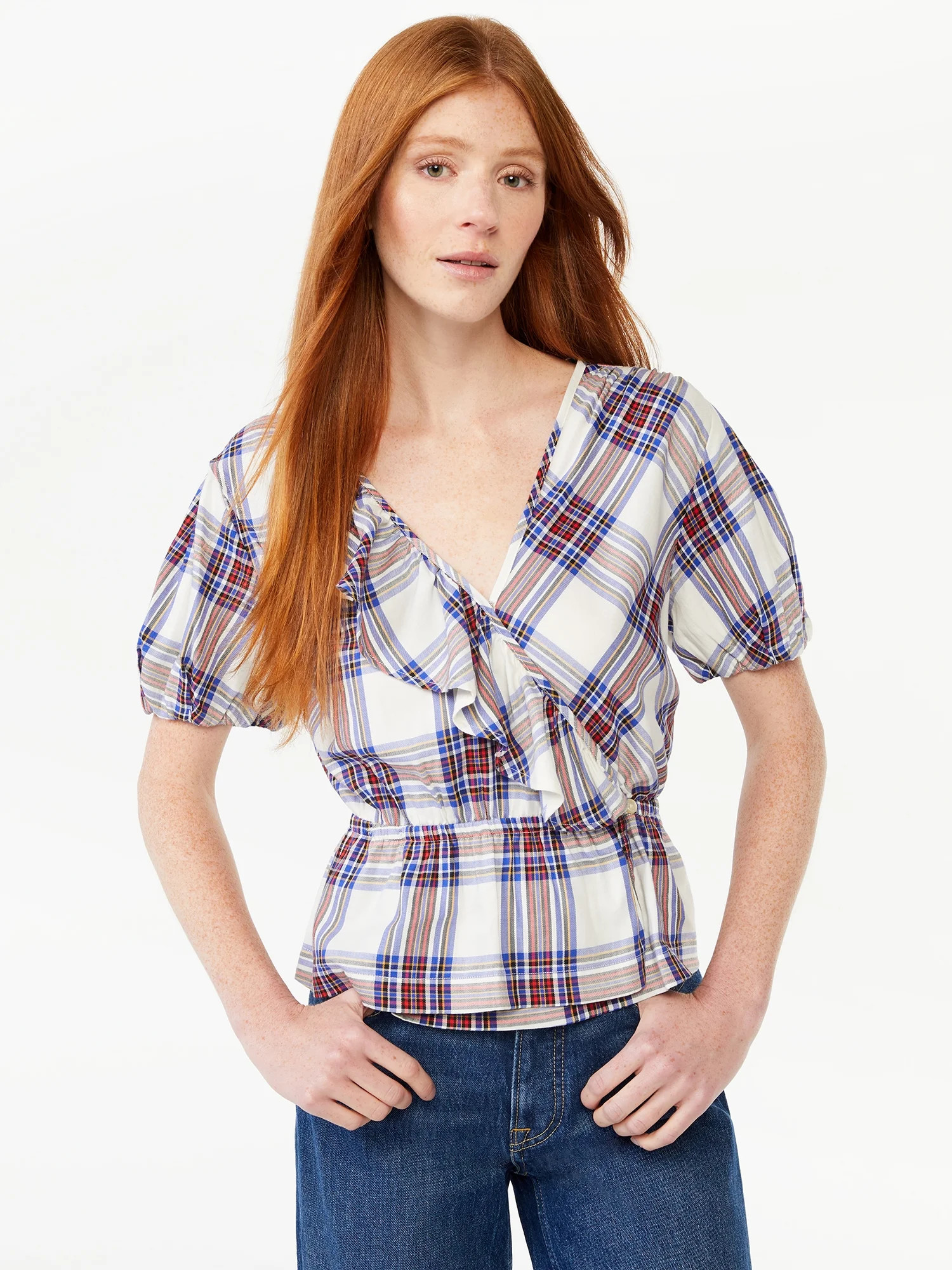 Free Assembly Women's Ruffle Wrap Top with Short Sleeves - Walmart.com | Walmart (US)