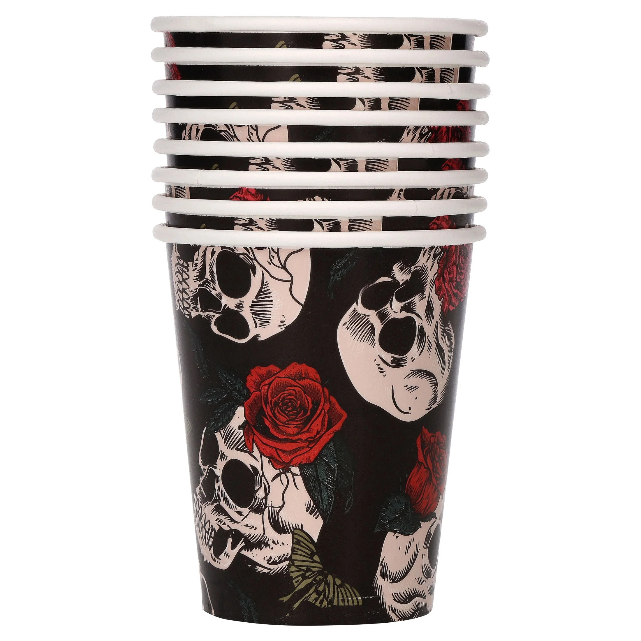 Skulls and Roses Disposable Paper Cups, Multicolor, 9 oz, 8 Count, Halloween by Way To Celebrate - Walmart.com | Walmart (US)