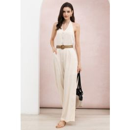 Halter Neck Shirred Back Belted Linen-Blend Jumpsuit in Linen for Casual Workdays & City Errands | Chicwish