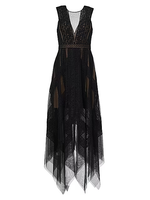 BCBGMAXAZRIA Andi Asymmetric Lace &amp; Tulle Maxi Dress | Saks Fifth Avenue