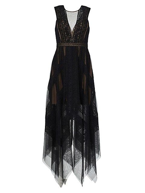 BCBGMAXAZRIA Andi Asymmetric Lace &amp; Tulle Maxi Dress | Saks Fifth Avenue