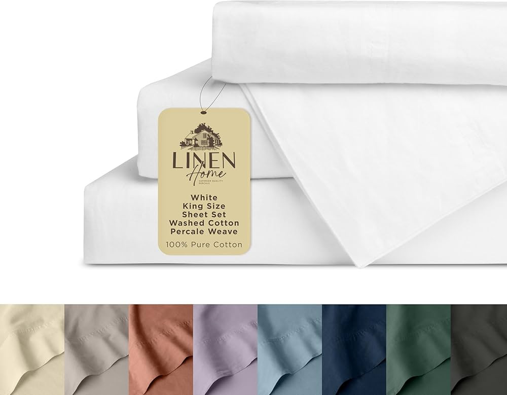 Linen Home Washed Cotton Percale King Sheet Set, White, Deep Pocket, 4 Pieces Bed Sheets - 1 Flat... | Amazon (US)