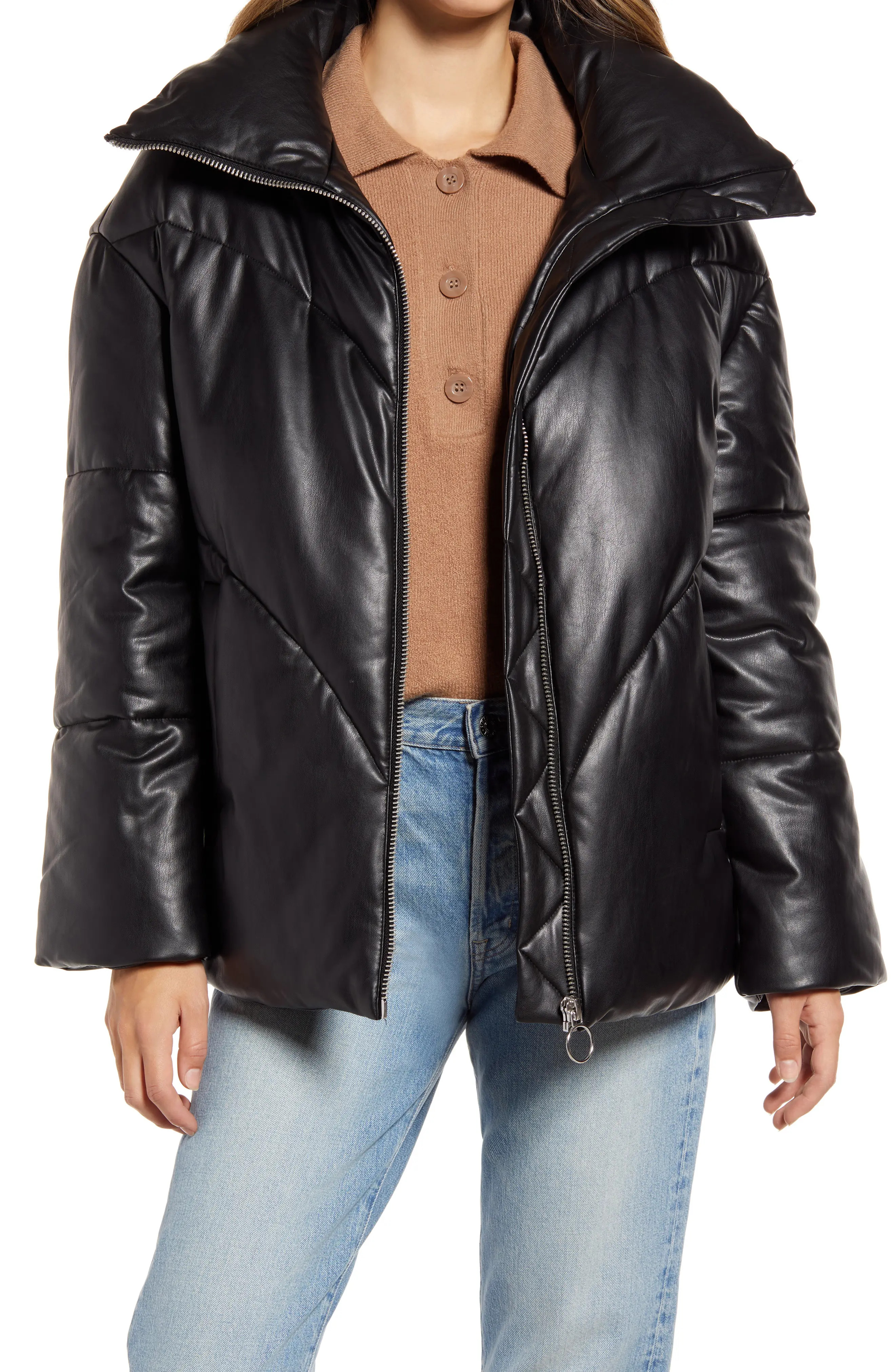 Avec Les Filles Faux Leather Puffer Jacket, Size X-Large in Black at Nordstrom | Nordstrom