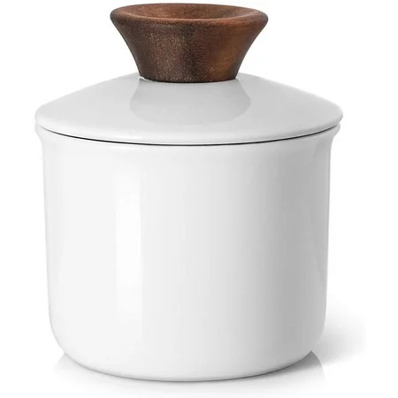 DOWAN Porcelain Butter Keeper Crock French Butter Crock with Wood Knob Lid Butter Dish for Soft Butter White | Walmart (US)