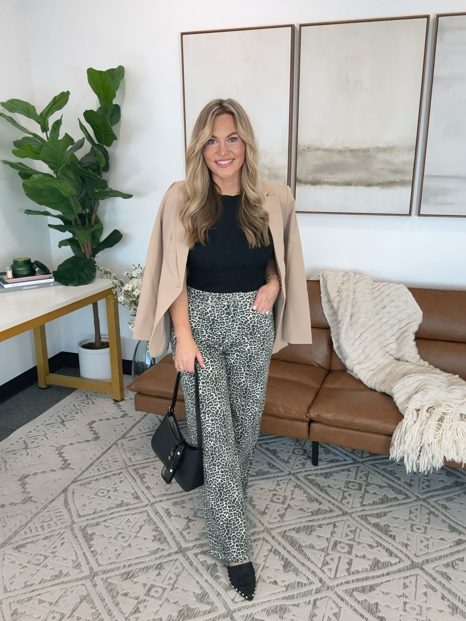 Polished neutrals with a statement twist. This look balances structure and ease with a tailored blazer layered over a sleek black top and elevated with a subtle print pant that brings interest without overpowering. Finished with classic black accessories for a refined, everyday workwear edit that transitions effortlessly from meetings to evening plans.

workwear style, neutral outfit, blazer outfit, printed pants outfit, chic office style, elevated casual, everyday workwear, business casual outfit, fall workwear, capsule wardrobe, AudrieDollins

#LTKOver40 #LTKWorkwear #LTKootd