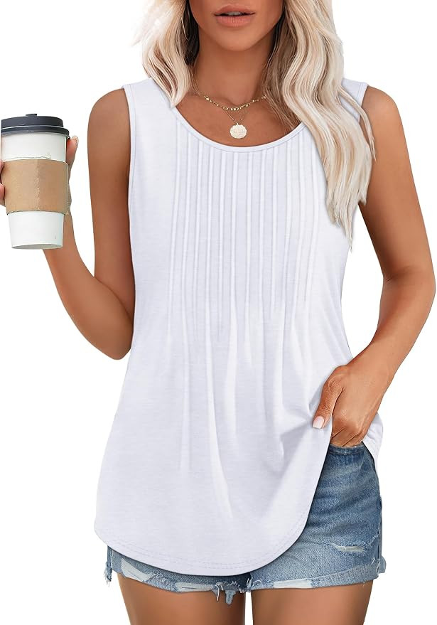 OFEEFAN Womens Tank Tops Loose Fit Dressy Casual Sleeveless Blouses Summer Outfits Round Neck Ple... | Amazon (US)
