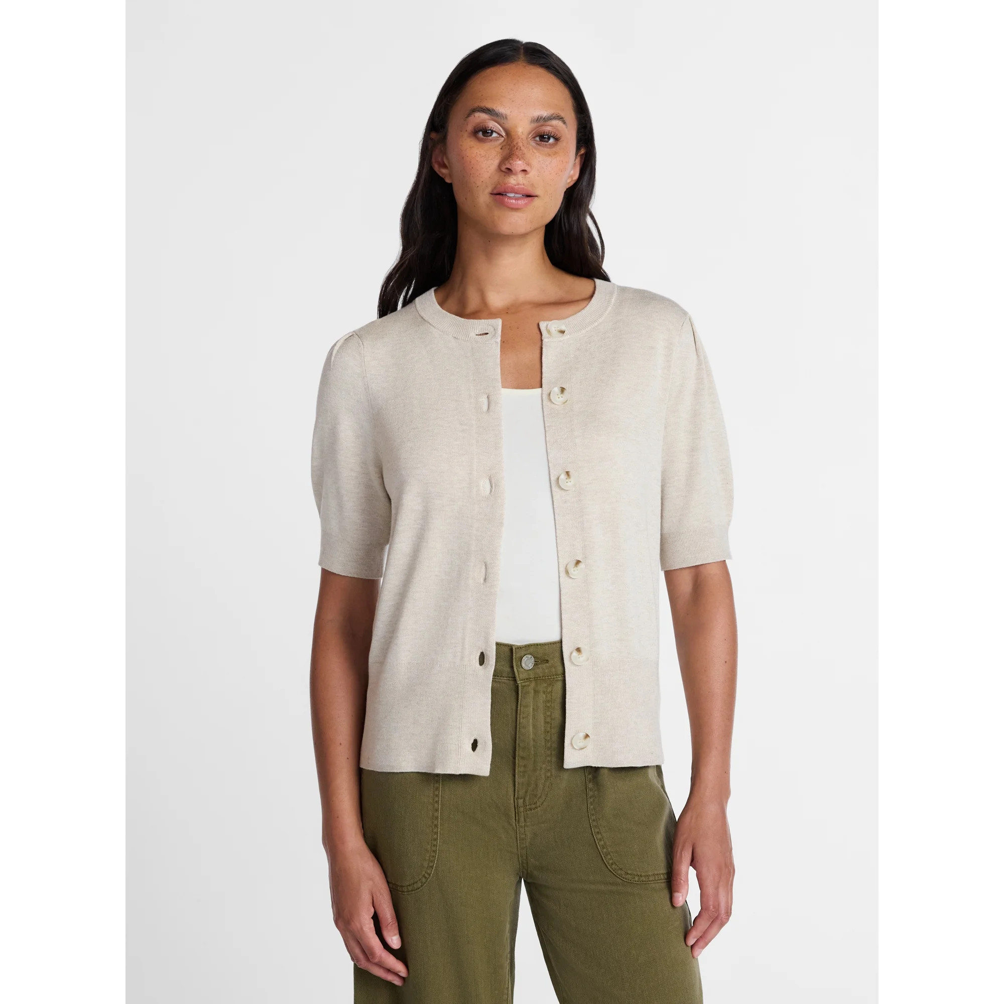 Time and Tru Women s Crewneck Cardigan with Short Sleeves  Lightweight  Sizes XS-XXXL | Walmart (US)