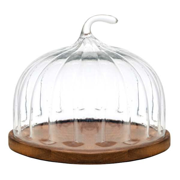 Acacia Wood Serving Tray With Pumpkin Shaped Glass Lid, Clear, sold by At Home | At Home