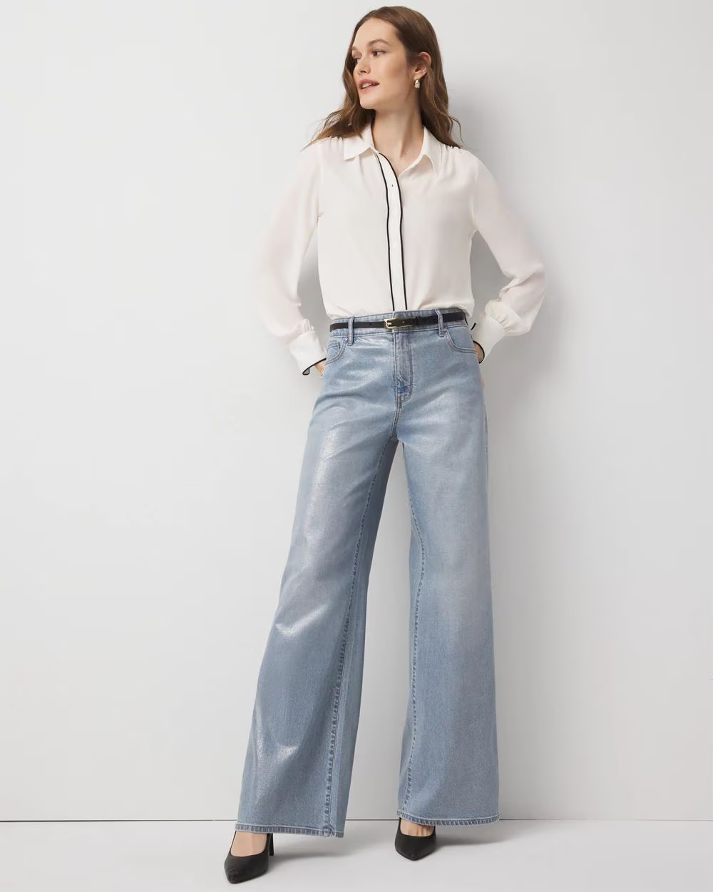 Petite Clear Coated Extra High Rise Palazzo Jeans | White House Black Market | White House Black Market